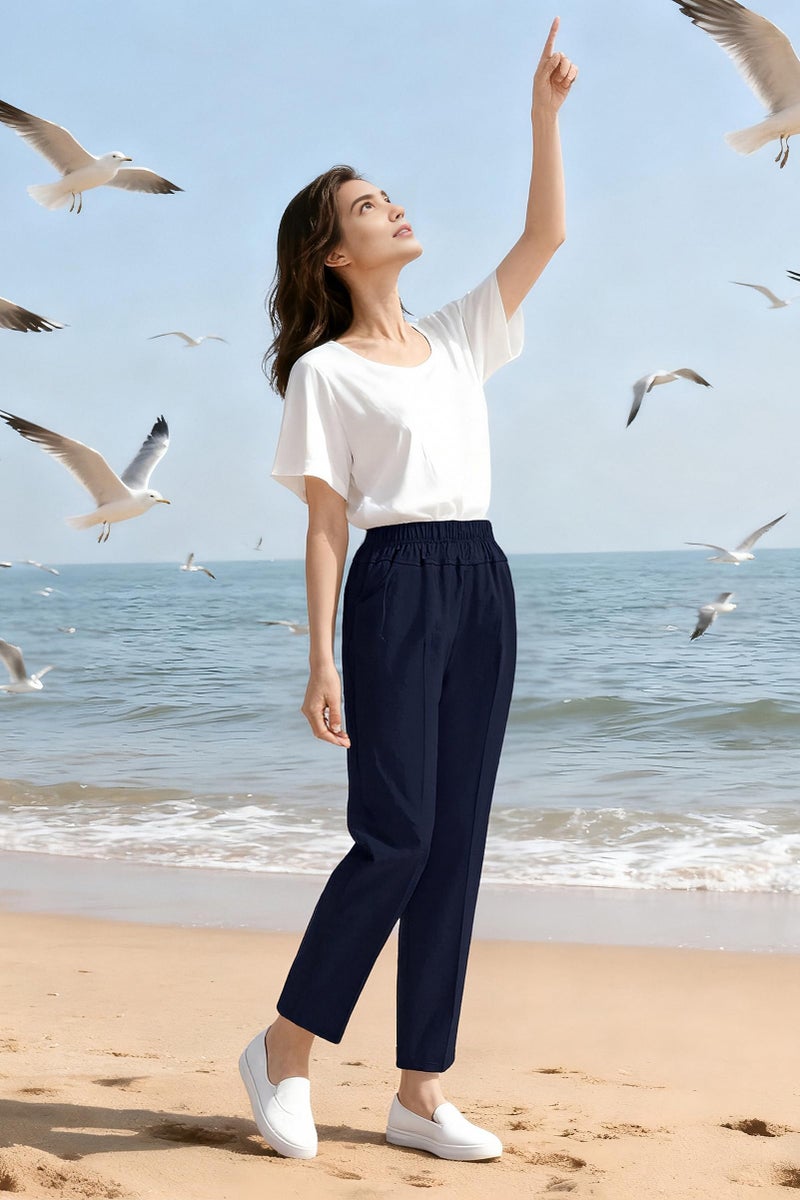 Soojun Womens Summer Elastic Waist Comfy Stretch Pull On Pants, Navy, Small - Image 5